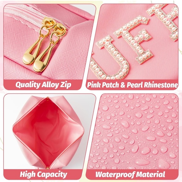 Pearl Rhinestone Stuff Letter Pink Patch Makeup Bag Extra Large Cosmetic Pouch - Picture 6 of 7